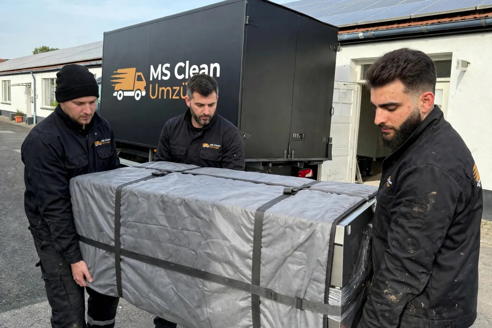 Drei Helfer von Ms Clean tragen ein schweres Gerät