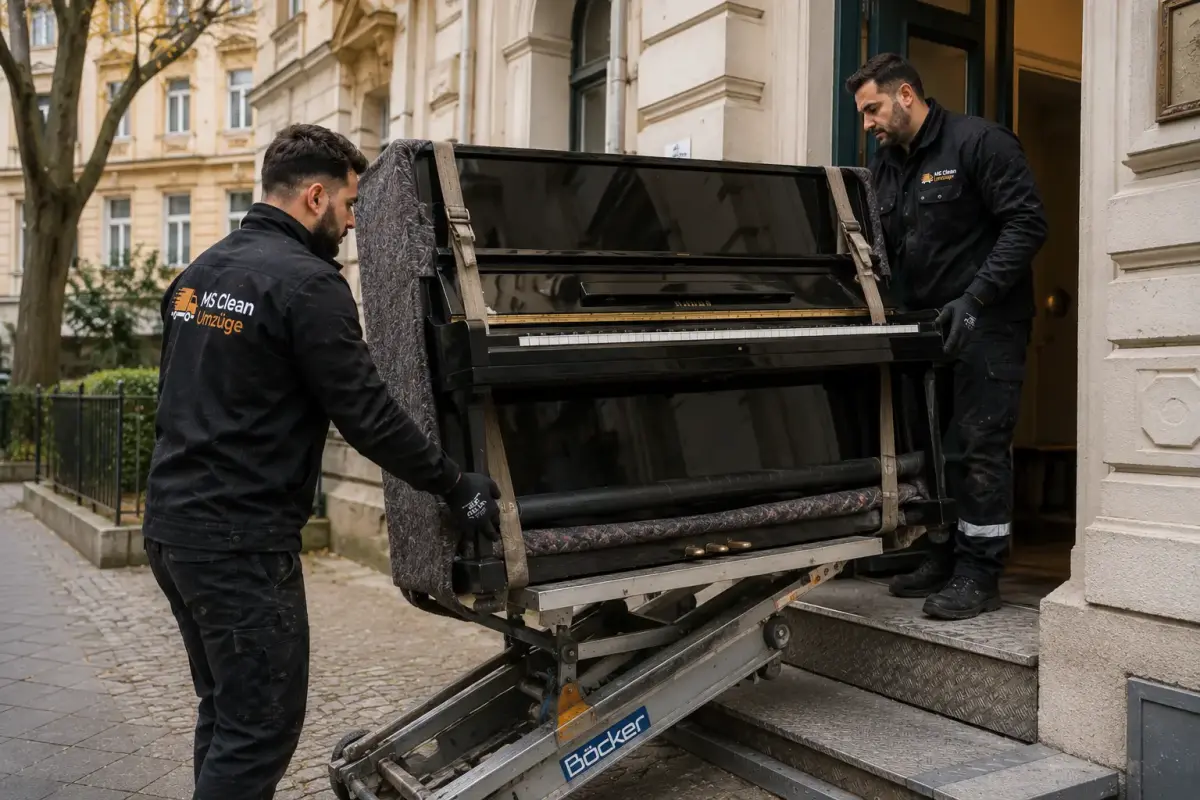 Umzugshelfer von Ms Clean transportieren ein Klavier über eine Treppe