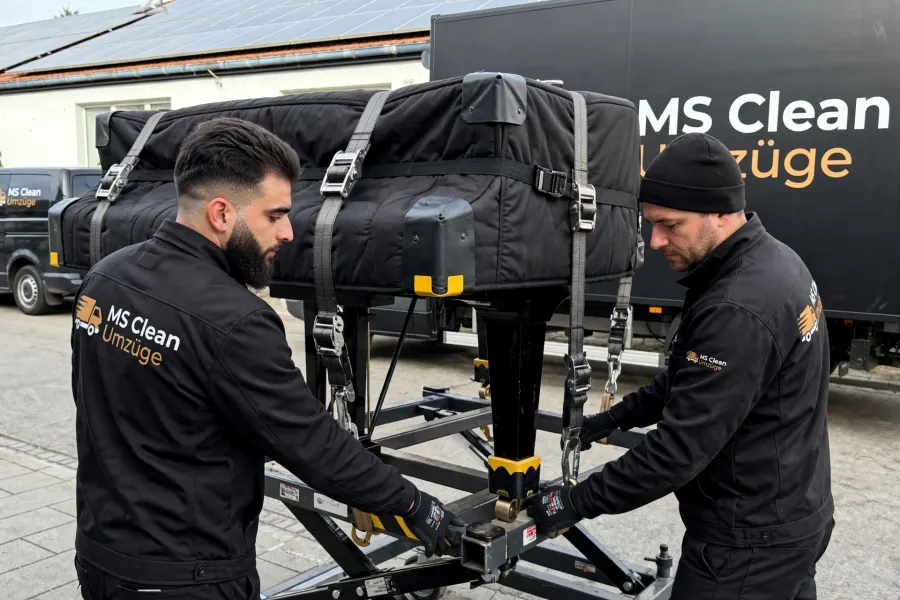 Umzugshelfer von Ms Clean sichern eine schwere Last auf dem Möbelheber