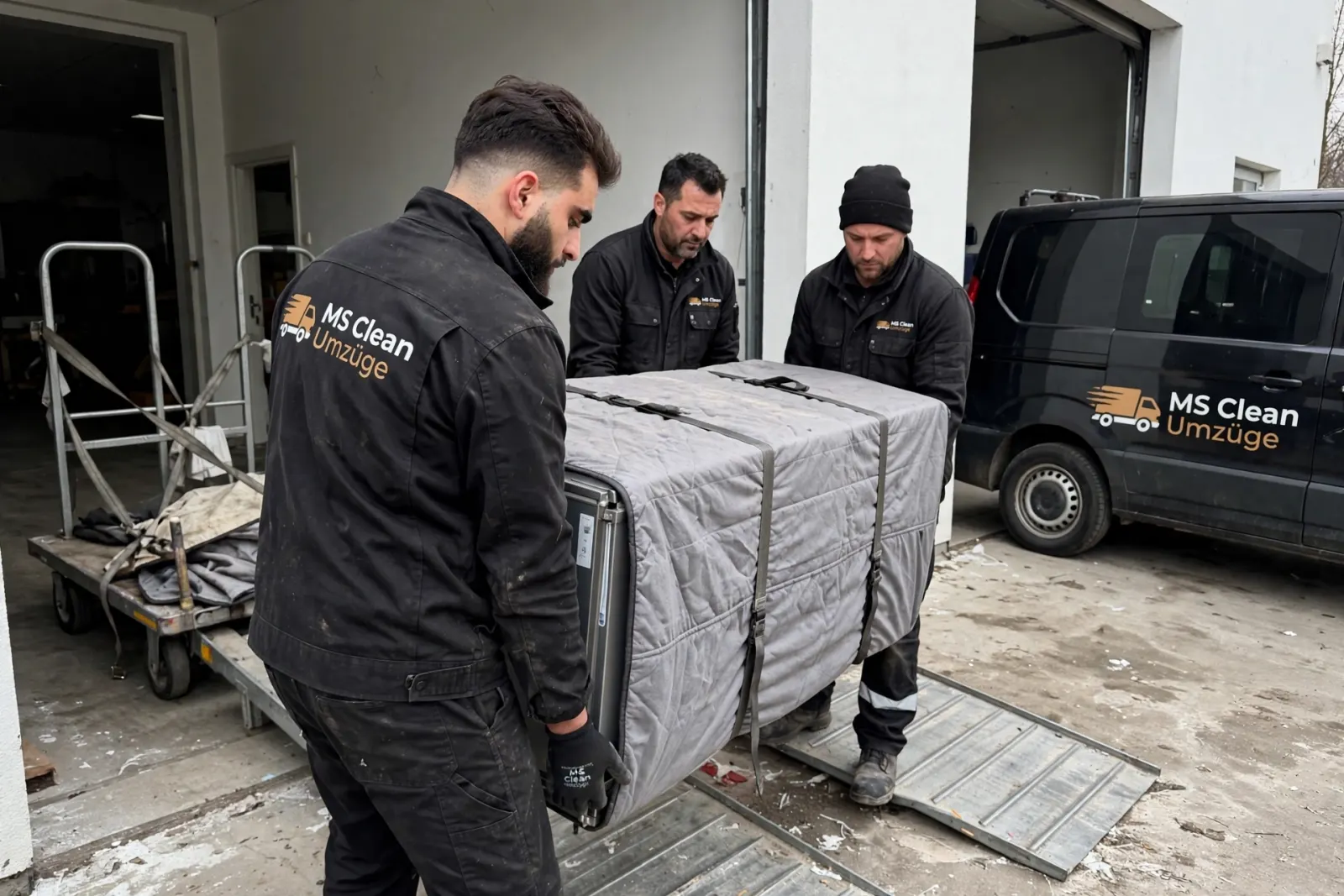 Umzugsteam von Ms Clean trägt ein verpacktes Gerät über die Laderampe